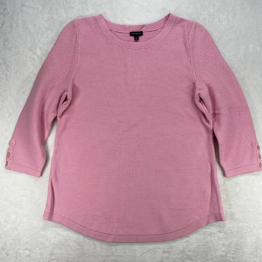 Talbots Waffle Knit 3/4 Sleeve Button Cuff Top Cotton Blend Pink Large‎
